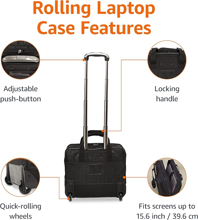Amazon Basics 15.6" Rolling Laptop Bag for Travel and Business, Briefcase with Wheels, Adjustable Locking Handle, Black