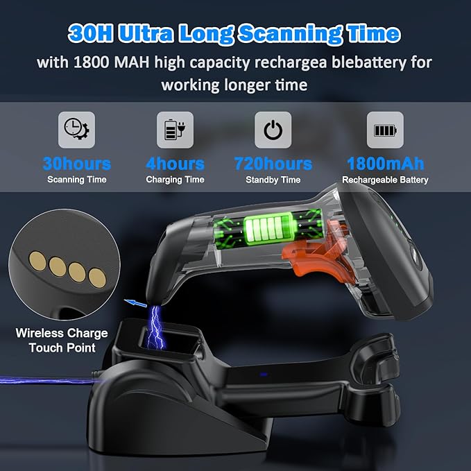 Symcode QR Industrial Bluetooth Barcode Scanner with Wireless Charging Stand, Wireless 2D 1D Bar Code Scanner Drop Protection Shock Dust Proof Hands Free Auto-Sensing Stand Barcode Scanner