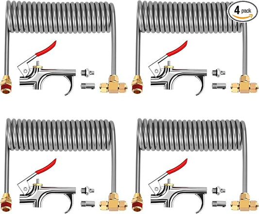 4 Set Air Blow Gun Kit with 11.5 ft Nylon Hose Heavy Duty Truck Air Seat Blow Gun Kit with 2 Interchangeable Nozzle Tips for Semi Truck 1/4 Inch Npt for Tractor Dust Clean(Gray,Brass)