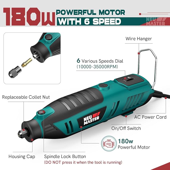 NEU MASTER 180W Rotary Tool Kit with 160 Accessories, 6-Speed Corded Rotary Tool Set 10000-35000 RPM with Flex Shaft, Electric Engraving Tool for Grinding Sanding Carving Polishing Drilling DIY