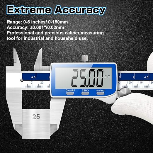 Qfun Digital Caliper, 0-6inch Caliper Measuring Tool Extreme Accuracy IP54 Waterproof Electronic Vernier Caliper Stainless Steel Digital Micrometer with Extra Large LCD Screen