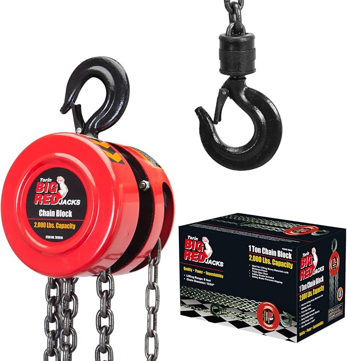 Big RED TR9010-3 Torin Manual Hand Chain Hoist with 2 Heavy Duty Hooks for Warehouse Automotive Machinery, 1 Ton (2,000lb) Capacity, 8ft/2.5m Red