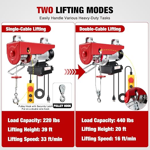 Nilight 440LBS Electric Hoist 110V Electric Hoist Winch with Wireless & Wired Remote Control, Hoist Lift Winch Single/Double Slings 39FT Lifting Height w Emergency Stop for Garage Warehouse Factories