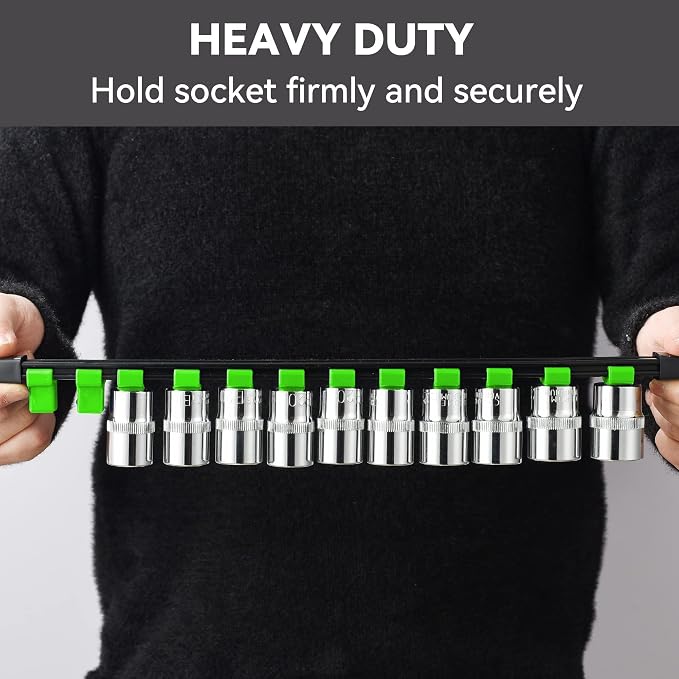 ALOANES 12PC Socket Organizer, Socket Rails Fit 1/2", 1/4" and 3/8" Drive | Portable Heavy Duty ABS Socket Holders Hold up 172 Sockets for Toolbox Drawer Bags(Green)