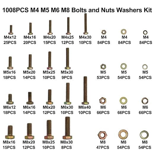 1008PCS Metric Bolt Assortment - Heavy Duty Grade 8.8 M4 M5 M6 M8 Metric Bolts and Nuts Assortment, Nut and Bolt Assortment Kit, Bolts and Nuts Kit (12-40mm), Yellow Zinc Plated, Corrosion Resistant