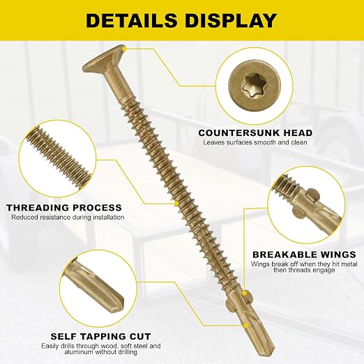FMhotu #10 x 3 Trailer Deck Screws, Self-Tapping Sheet Wood Metal Screw, 258Pcs T25 Star Bits Reamer Tek Screws for Trailers, for Attaching Wood to Steel