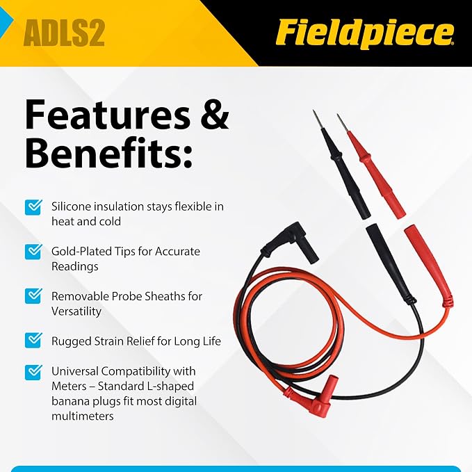 Fieldpiece ADLS2 - Deluxe Silicone Test Leads - Professional HVAC/R Multimeter Lead Set with Gold-Plated Tips - Basket Style Strain Relief with Industry Standard L-Shaped Banana Plug Type