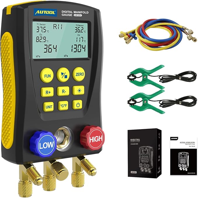 AUTOOL Digital Manifold Gauge HVAC, AC Dual Pressure & Temperature Test, 92 Refrigerant Refrigeration Gauge with Vacuum/Leak Test, LCD Backlight Temp Clamps (LM120)