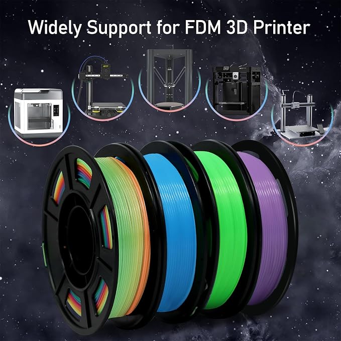 YOUSU 1.75mm 3D Printer Filament Bundle, Glow in The Dark Filament Multicolor, Green, Blue, Purple and Rainbow, PLA Filament 1.75 mm, Dimensional Accuracy +/- 0.03 mm, 250g X 4 Pack