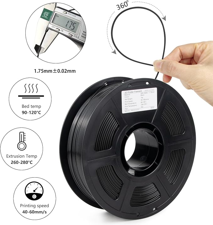 ASA Filament 1.75mm, UV&Rain&Heat Resistant Durable 3D Printer Filament, No Warping, Non Odor & Fumes - Perfect for Outdoor Functional Mechanical Parts, Black Filament 1kg(2.2lbs) Spool