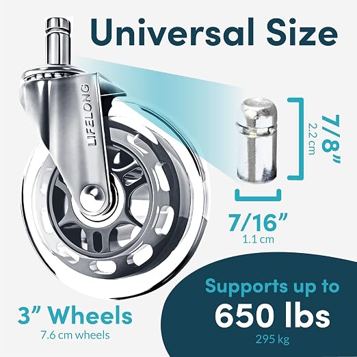 Lifelong Office Chair Wheels Replacement Rubber Chair Casters for Hardwood Floors and Carpet, Set of 5, Heavy Duty Desk Wheels to Replace Office Chair Mats - Fits 98%