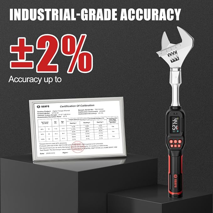 VANPO Adjustable Digital Torque Wrench, 2.2-44.3 Ft.lb/3-60Nm, ±2% Accuracy | Electronic Torque Wrench with 42mm Jaw and 3/8" Drive Ratchet, Buzzer, Vibration and LED Indicator for HVAC and Motorcycle