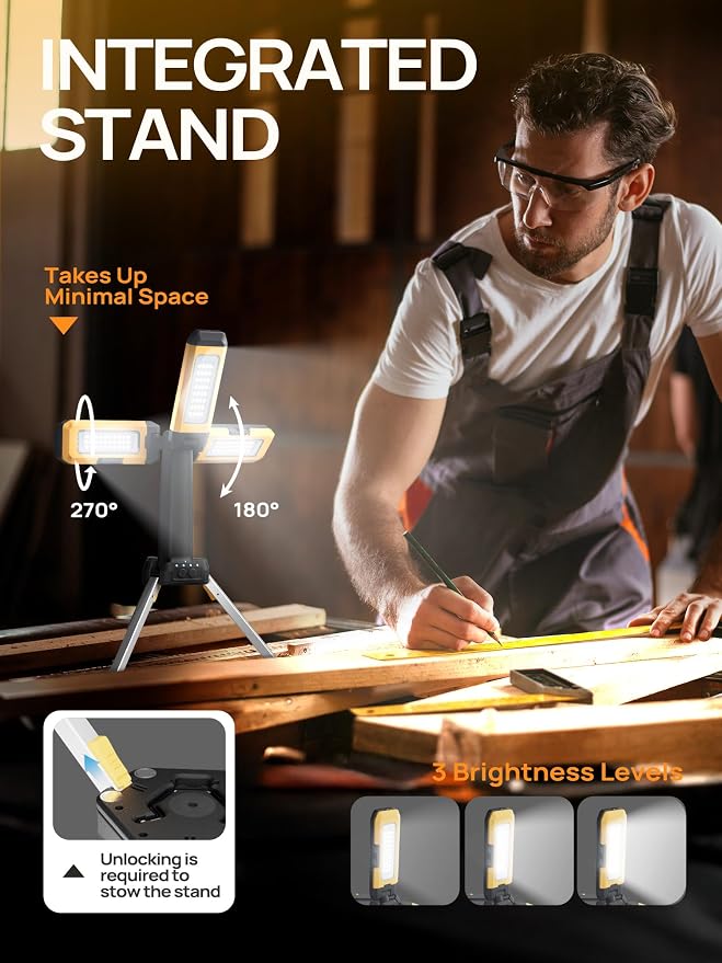 Rechargeable Work Light with Stand, 3 Detachable Panels (Large) | 10000mAh battery, Independent light panels, Telescopic tripod, Built-in feet, Storage bag, Yellow portable work light