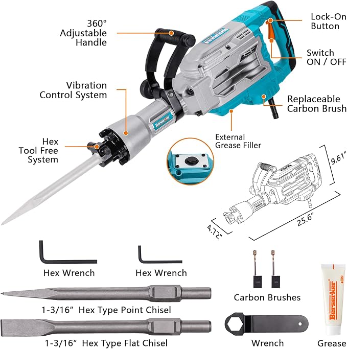 Berserker 1700W 30-Pound Demolition Jack Hammer 65F with 1-3/16" Hex,14Amp | Heavy duty Corded Electric Concrete/Pavement Breaker with Trigger Lock, Wheeled Carrying Case, Flat Chisel, Bull Point Chisel