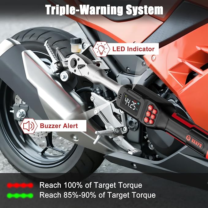 VANPO Adjustable Digital Torque Wrench, 2.2-44.3 Ft.lb/3-60Nm, ±2% Accuracy | Electronic Torque Wrench with 42mm Jaw and 3/8" Drive Ratchet, Buzzer, Vibration and LED Indicator for HVAC and Motorcycle