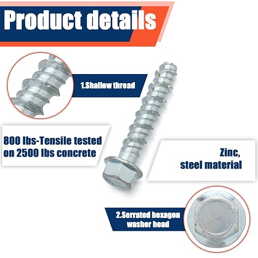 Tandefio 150 Pack 5/16" x 2" Galvanized Concrete Screws Large Diameter Anchors Concrete Screw Anchor Bolts Masonry Screw for Anchoring to Masonry Brick or Block