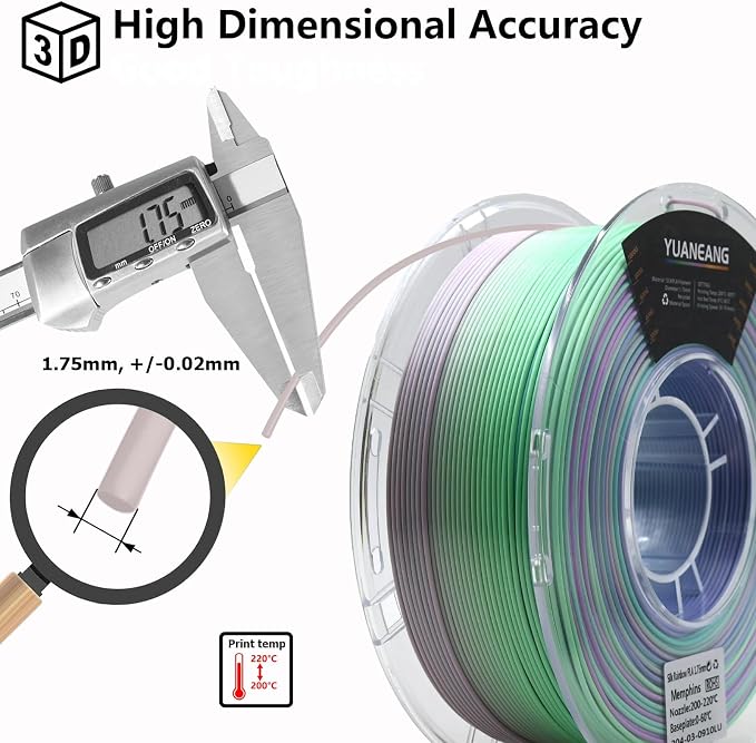 Silk Memphis PLA 3D Printer Filament 1.75mm, 1kg Spool, High-Gloss Multi-Color Silk PLA, Smooth Shiny Finish, ±0.03mm Precision, Easy Printing, Ideal for Artistic Models
