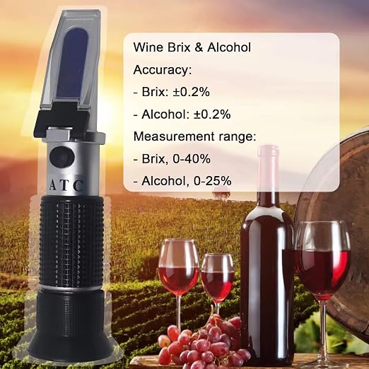 Generic Refractometer for Measuring Grape Wine Juice, which Measures The Sugar Content in The Original Grape Juice and predicts The Alcohol Level of The Wine. 0-40% Brix and 0-25% Dual Scale