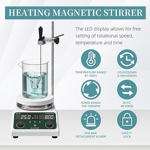 LHS-300PRO Magnetic Stirrer Hot Plate, 300°C/572°F, 5L, 100-1500RPM | 5.5in plate mixer, timer, reversible stirring, probe, stand, stir bar & recycler set included, for lab heating & mixing