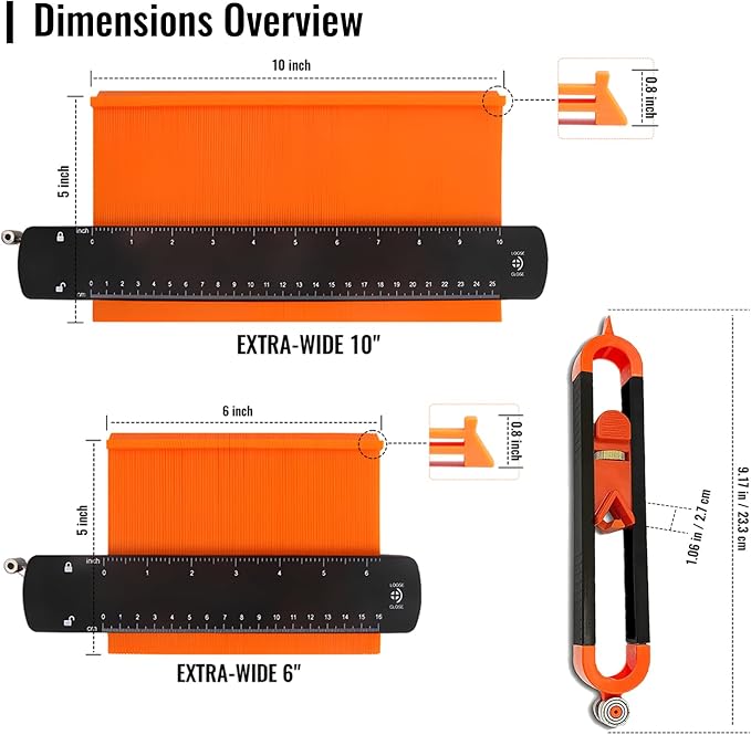 ontour Gauge with Lock(10+6 inch Outline Tool Set), Super Contour Duplicator Gauge， Shape and Outline Woodworking Tools Gifts for Men Dad Husband Him, for Men Construction Ruler Scribe Tool