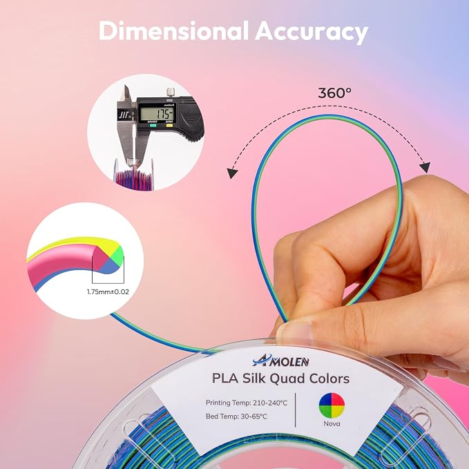 AMOLEN Silk PLA 3D Printer Filament Bundle, Shiny Silkverse 4 Colors in 1 Filament 1.75mm Pack Multi Color from 4 Angles, 4×200g