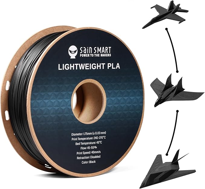SainSmart Light Weight Filament 1.75mm, 1KG, LW-PLA Low-Density Active Foaming 3D Printer Filament for RC Planes Drone Parts and Cosplay, Black PLA Filament