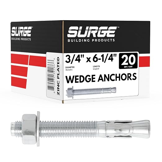 3/4" x 6-1/4" Zinc-Plated Wedge Anchors for Concrete and Cement | Heavy-Duty 3/4 Concrete Anchors (Box of 20)