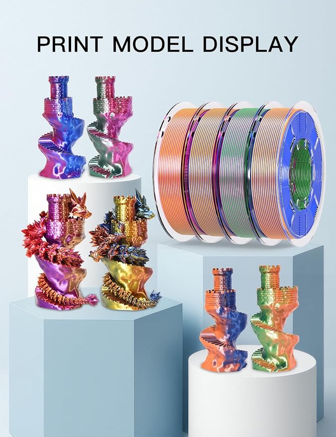 PINBALL Silk Tricolor PLA 3D Printer Filament 1.75mm Shiny Multi-Color Change by Angle Filament 3D Printing PLA Filament Dimensional Accuracy +/- 0.02mm 250g*4