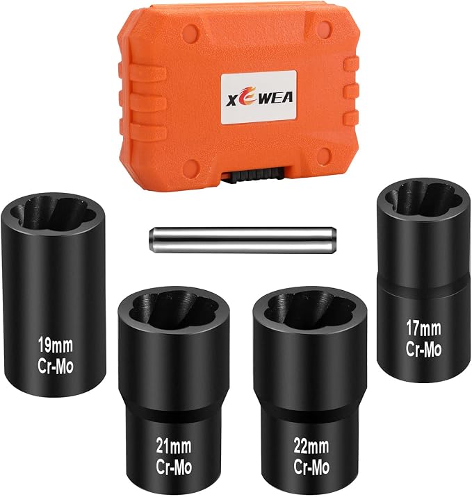 XEWEA Bolt Nut Extractor Set, 5PCS 1/2 Drive Easy Out Broken Wheel Tire Lug Nut Extraction/Remover Socket Set for Damaged, Frozen,Studs, Rounded Stripped Bolts & Nuts Screws