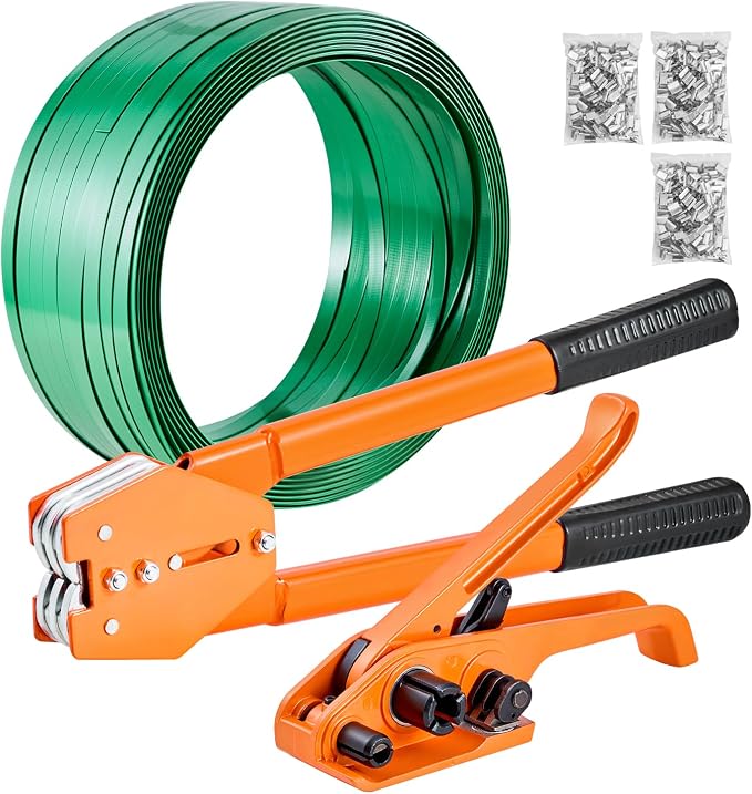 VEVOR Banding Strapping Kit, Heavy Duty Banding Sealer Tool with 1000 ft Length PET Band, 300 Metal Seals, Plastic Manual Pallet Packaging Strapping Kit for Warehouse/Shipping/Moving/Home, Orange