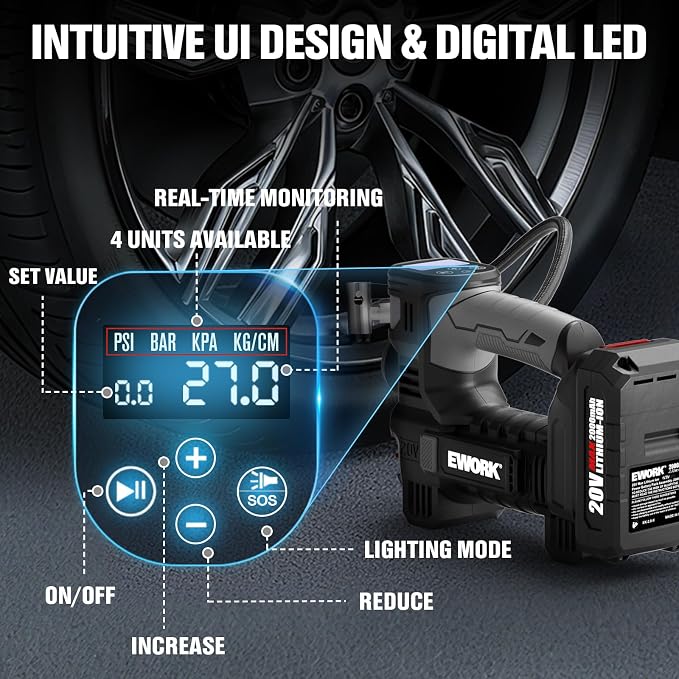 EWORK 20V Tire Inflator Portable Air Compressor for Car Tires with Battery & Charger, Cordless Air Pump with Digital Pressure Gauge & Auto Shut Off, Fast Tire Pump for Car, Motorcycle & Bike