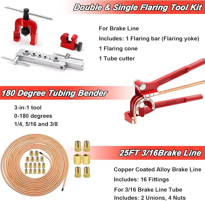 Tnisesm 3/16Inch Brake Line kit Include Copper-Plated Brake Lines with Fitting (16Pcs Fittings,2Pcs Unions+4Pcs Nut) Brake line Bender Single Flare Tool,Cutter 3/16Inch Brake line kit