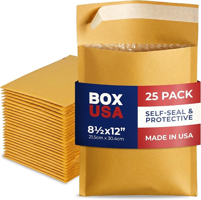 BOX USA 8 1/2 x 12" Kraft Bubble Mailers (25-Pack) - Brown Padded Envelopes, Self-Seal Shipping Bags for Small Business, Heavy Duty Cushioned Mailing Envelopes for Packaging and Shipping