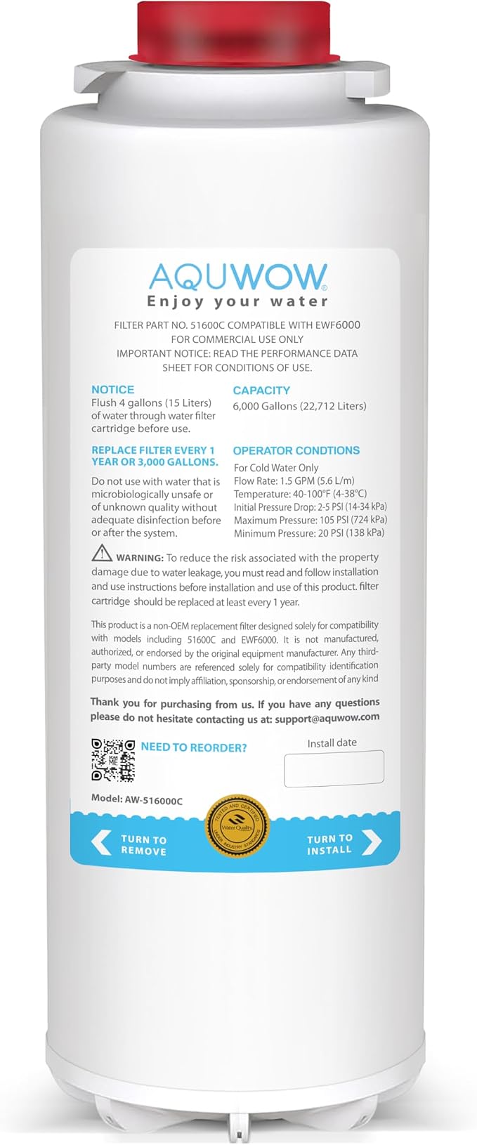 Replacement Water Filter for 51300-C/51600-C For Premium Filtration – Compatible with ELK Models, 6000 Gal 12 Month – No Chip, Extended Service Life (1)