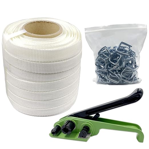 Heavy Duty 2500Lbs Break Strength 3/4" x 330’ Woven Cord Banding Strapping Kit, Woven Cord Tensioner, 100 pcs Galvanized Wire Buckles and Woven Cord Roll