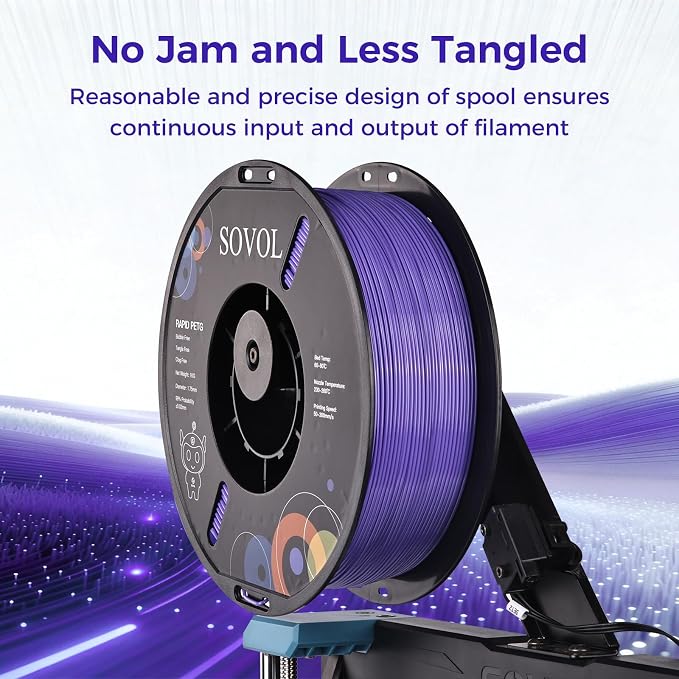 Sovol 3D Printer Rapid PETG Filament 1.75mm 1KG (2.2lbs), High Precision, Strong Toughness, Wiring Tightness, Dimensional Accuracy +/- 0.03 mm, 3D Printing High Speed PETG Filaments, Lavender Purple