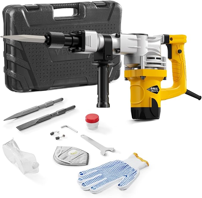 VEVOR Demolition Jack Hammer, 1400W Electric Jackhammer Heavy Duty, 2900 BPM Jack Hammer Concrete Breaker, with 1 Point Chisel, 1 Flat Chisel, Storage Case, Gloves and Goggles, for Demolition