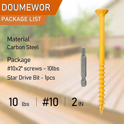 #10 x 2 Deck Screws 10lb - 2 Inch Wood Screws, Rust Resistant, Exterior Epoxy Coated, Outdoor Decking Screws, Torx/Star Drive Head, T25 Star Bit Included