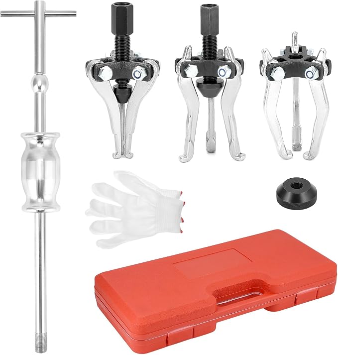 QWORK 3 Jaw Gear Bearing Slide Hammer Puller Set - Universal Internal & External Gear & Pulley Puller for Automotive Maintenance, Efficiently Removes Gears, Bearings, Grease Retainers, Oil Seals