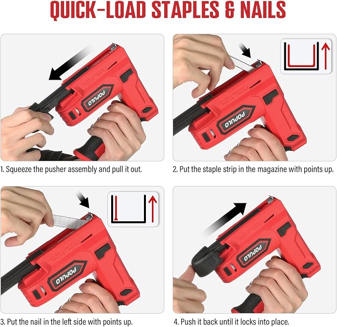 POPULO Electric Staple Gun, 2 in 1 Electric Stapler Tacker 4V Cordless Brad Nailer Kit, Battery Powered Nail Gun for Upholstery, Carpentry, DIY with Staple Remover, 1600 Staples and Nails, Red