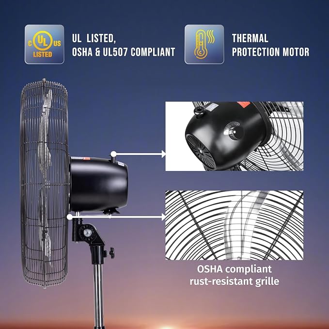 Tornado 20 Inch High Velocity Oscillating Pedestal Fan, 3-Speed, 5000 CFM, Commercial & Industrial, UL Listed, 1/6 HP Motor, 6.6 FT Power Cord