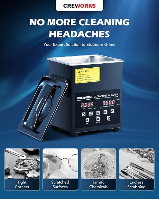 CREWORKS 2L Digital Ultrasonic Cleaning Machine with Degas and Gentle Mode, 60W Ultrasonic Cleaner Machine with Heater and Timer, 0.5 gal Ultrasound Cleaner for Retainer Watch Denture Glasses More