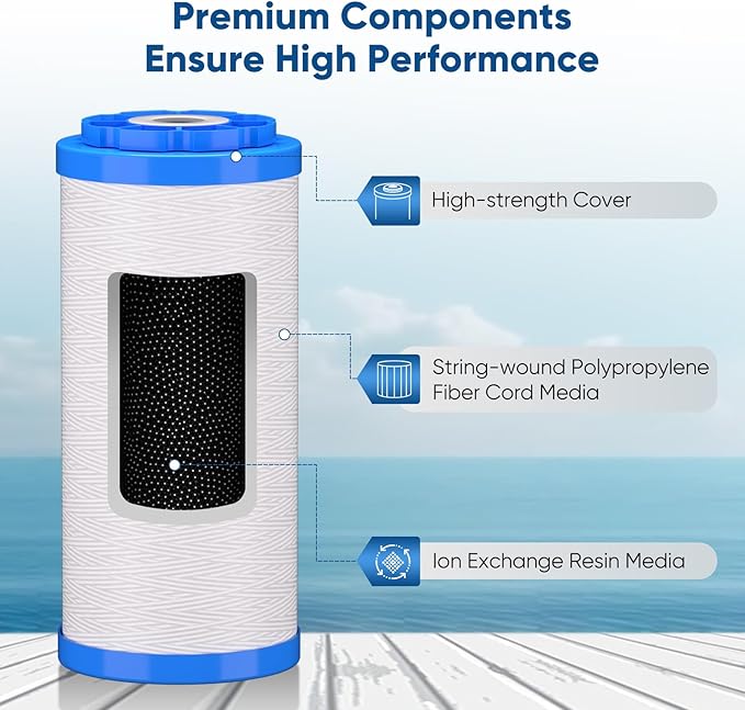 PUREPLUS 5 Micron 4.5"x10" Whole House Water Filter Combo, with String Wound Sediment & Iron Reducing Filter and Activated Carbon Block Filter, 1PACK