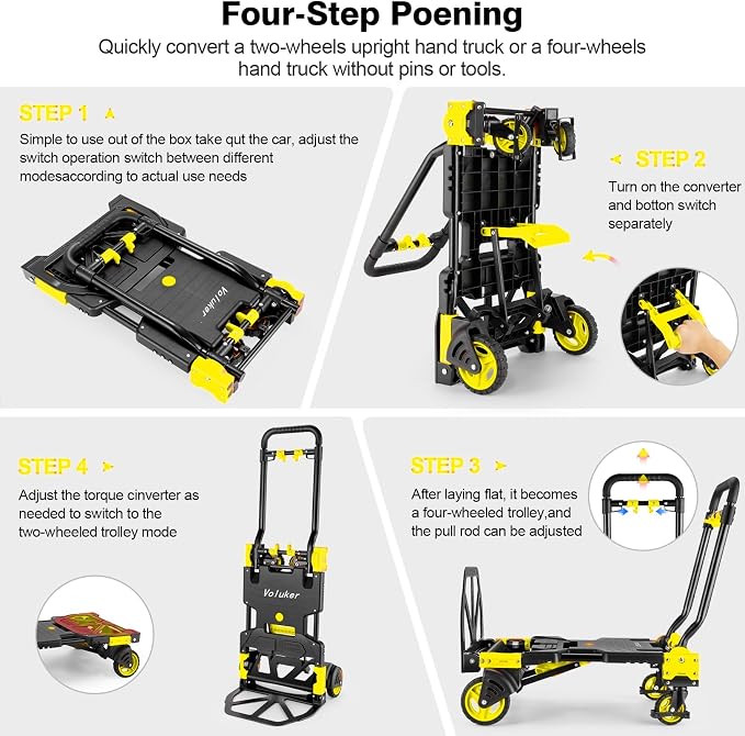 330LB Folding Hand Truck Moving Dolly, Hand Trucks Heavy Duty Combination of 4 Wheels and 2 Wheels Convertible Dolly Cart with Retractable Handle Dolly for Moving Office Carts(Yellow)