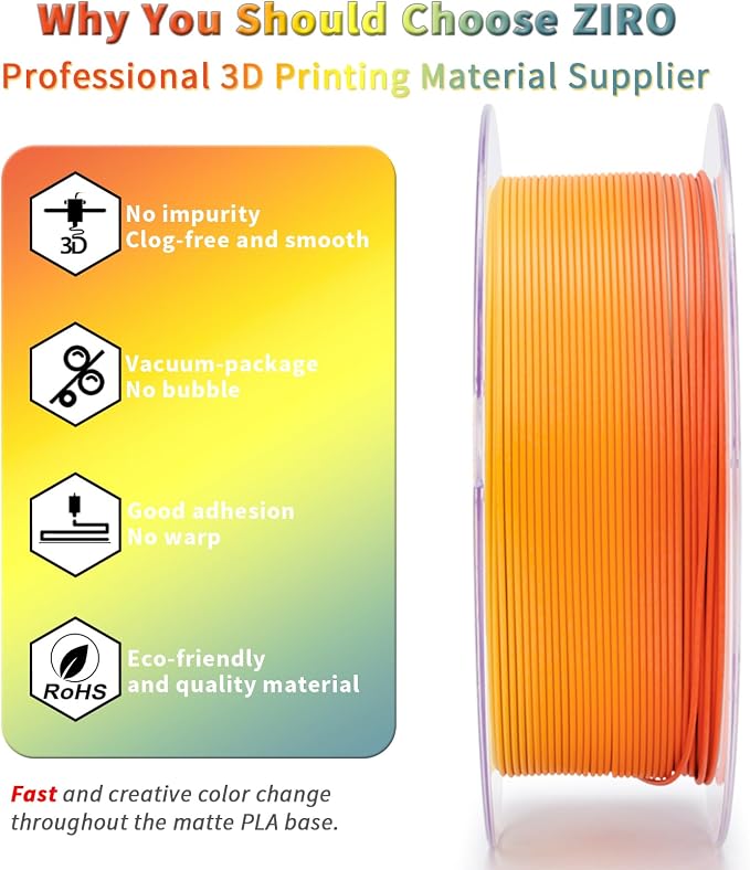 ZIRO Matte Fast Color Change PLA Bundle, 1.75mm Color Gradient Filament 4 Packs, No-Shine Rainbow PLA Filaments, Fit Most 3D Printers and Pen, 2.2lbs X 4 Spool