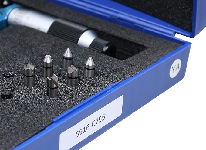Accusize Industrial Tools 5-6'' by 0.001'' Screw Thread Micrometer with 3 Anvil in Fitted Box, S916-C755 | 3 Anvil Sets: 13-9, 8-5, 4.5-3.5 TPI, 0.001" Resolution, ±0.00016" Accuracy