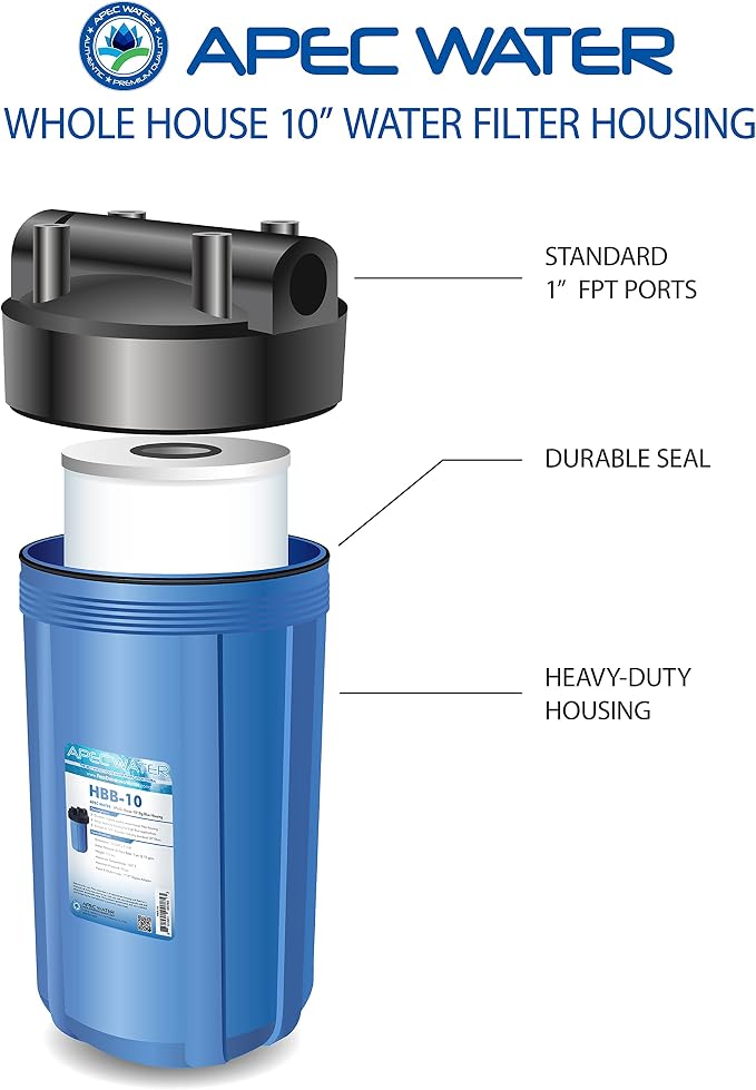 APEC Water HBB-10 Whole House Water Filter Housing, 4.5 x 10 Inch | 1 inch Inlet/Outlet, Durable Polypropylene Cap, Chemical Resistant Construction, Large Capacity Design