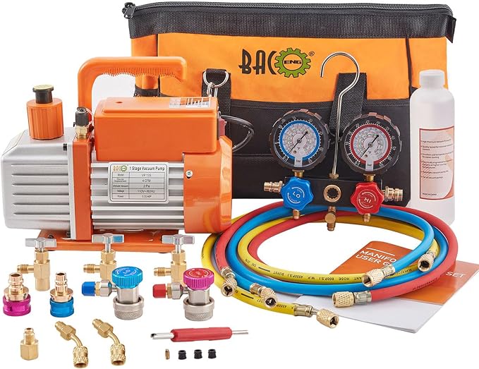 BACOENG R32 R1234yf AC Vacuum Pump and Gauge Set, 4.0 CFM Sparkless HVAC Vacuum Pump Kit for AUTO/Mini Split System, for R32 R1234yf R134a R410a Refrigerants