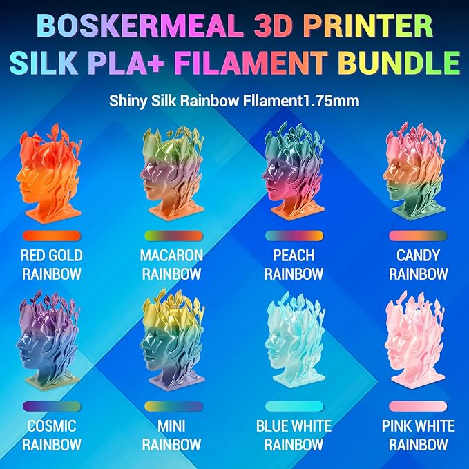 8Pcs Multicolor PLA+ 3D Printer Filament Bundle - 1.75mm Silk Rainbow Filament, Fit Most FDM 3D Printers, 200g Bundle, Individually Vacuum Packed