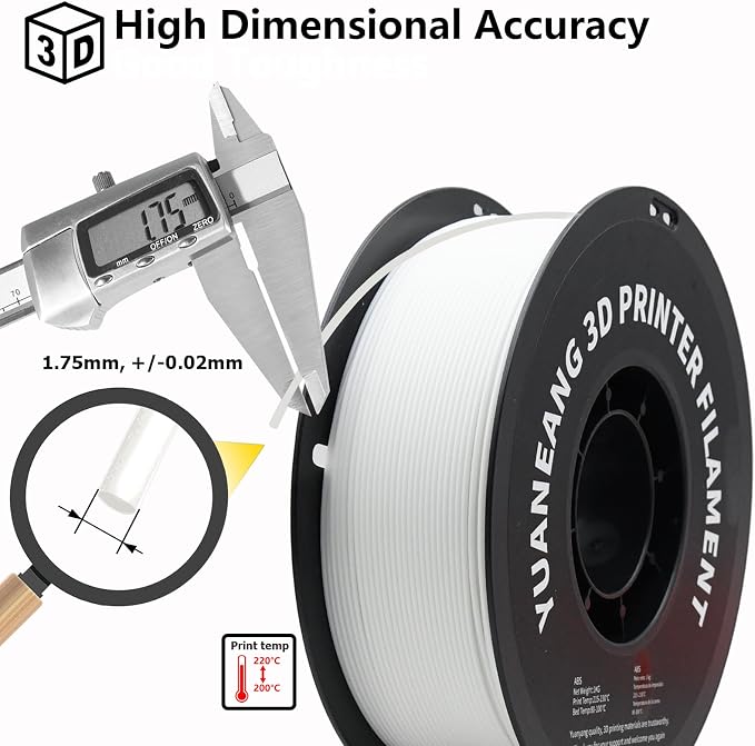 ABS 3D Printer Filament 1.75mm White, 1kg Spool, Strong & Durable ABS Material, High Heat Resistance, Low Warping, ±0.03mm Precision, Ideal for Functional Parts, Prototypes
